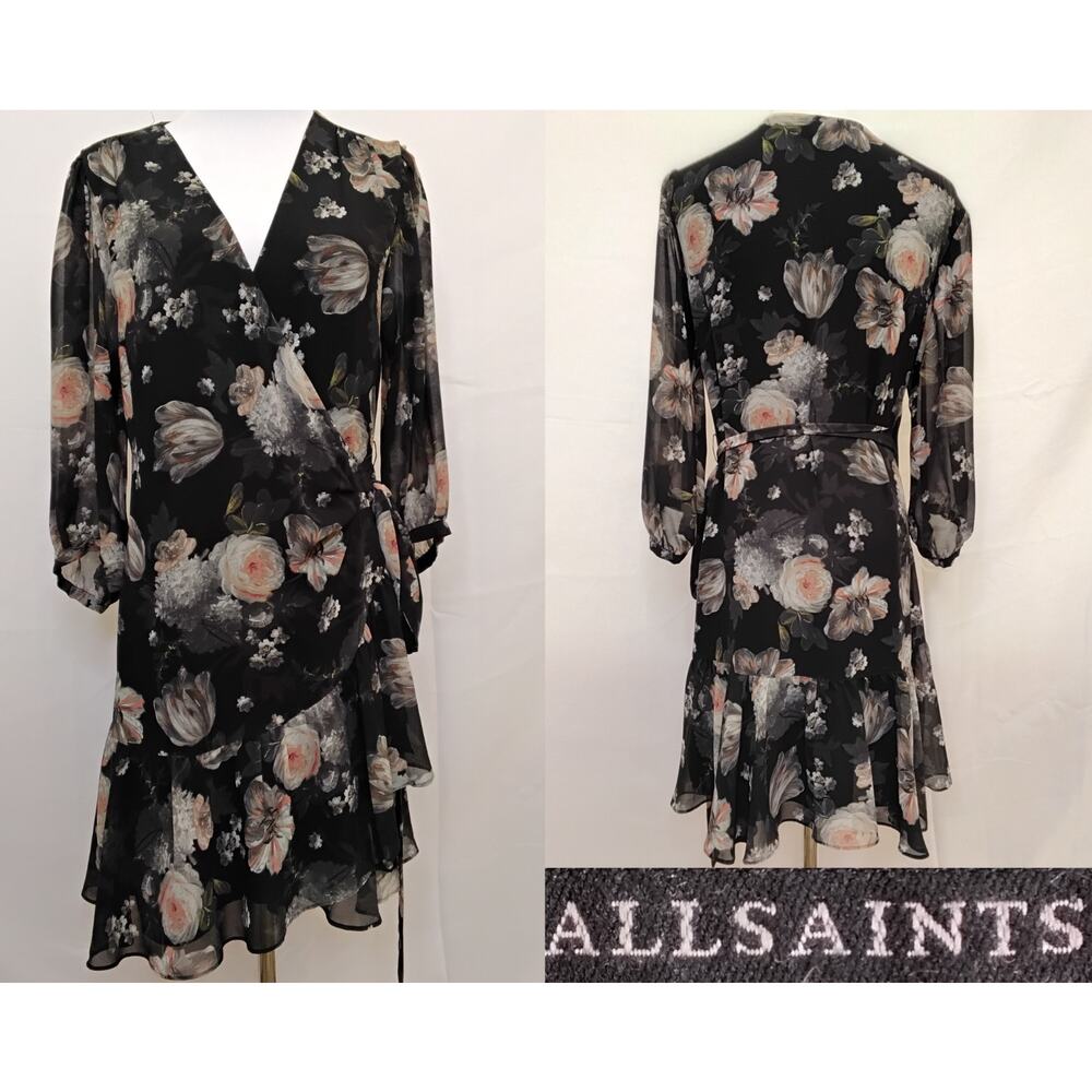 All Saints Wrap Dress Women's M Black/Floral Flowy Jade Eden Dress #Z5360